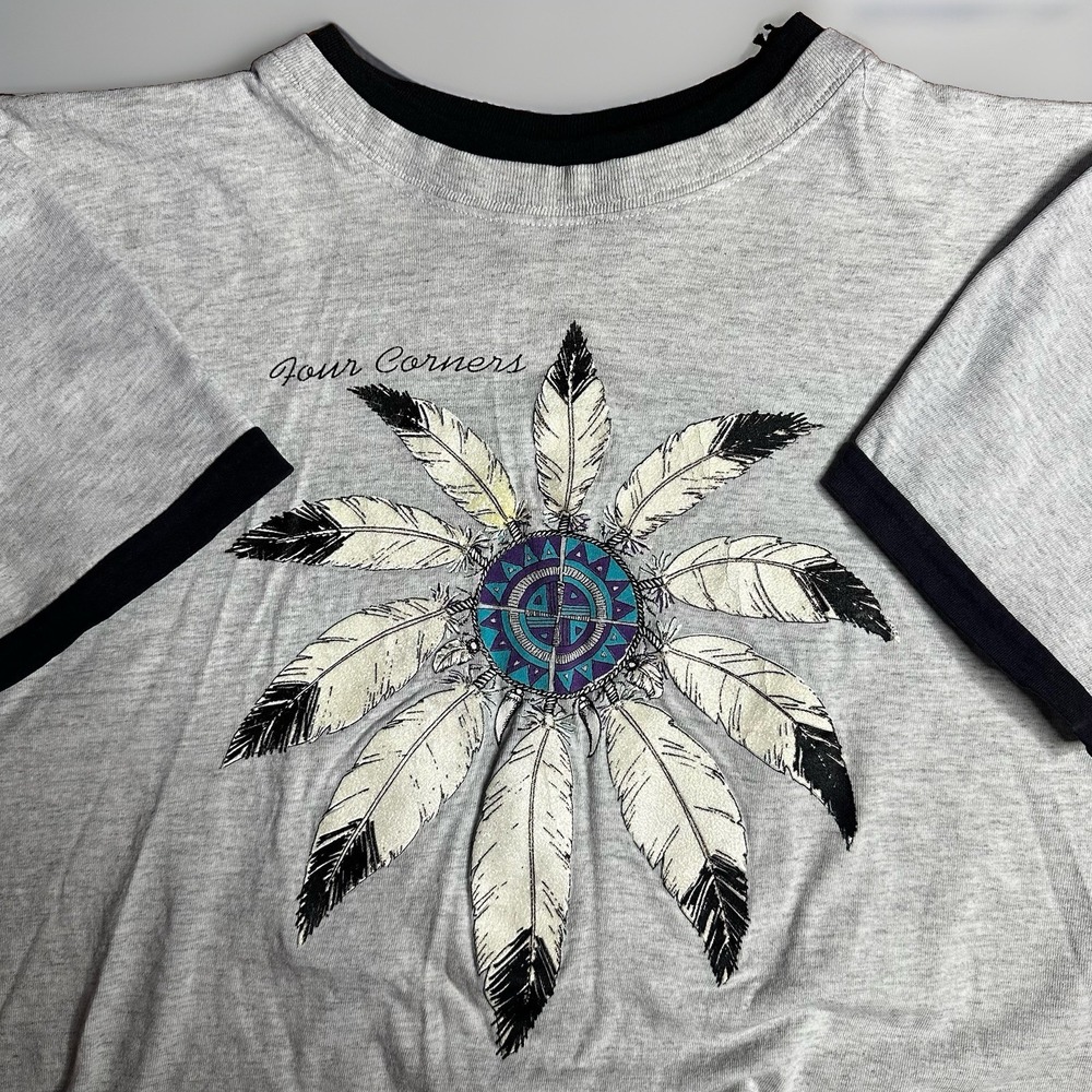 Vintage Native American Indian Ringer Shirt Mens XL Gray Feather Headdress USA